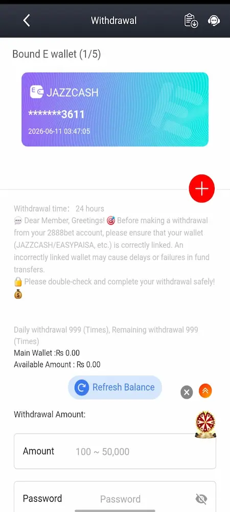 2888Bet Withdrawal Page Showing Cash Out Process and Payment Selection