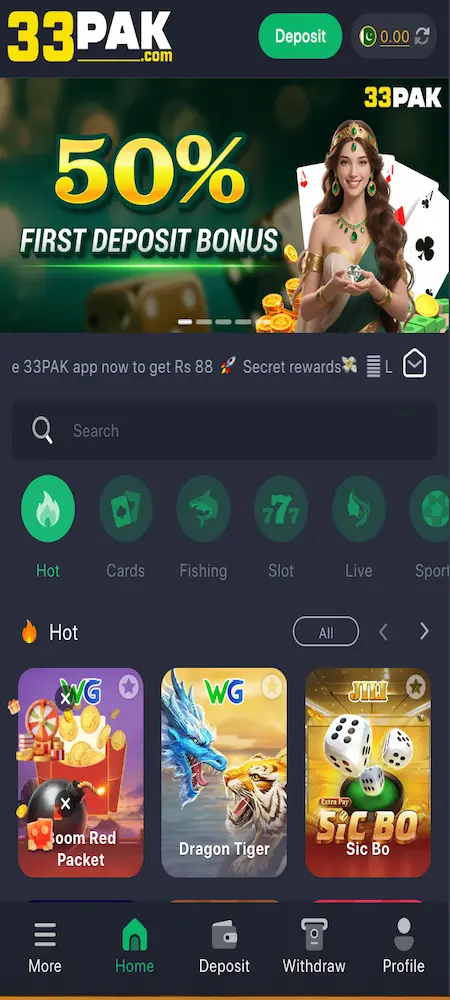 33PAK Game homepage interface on Android