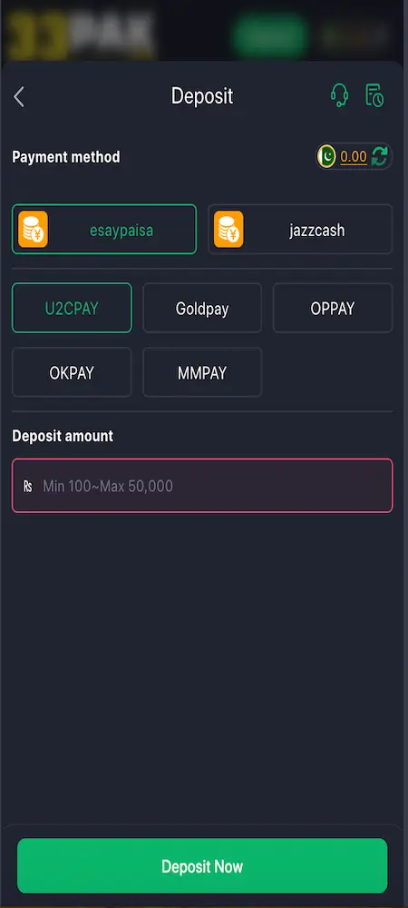 33PAK Game payment methods including Easypaisa and JazzCash