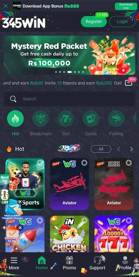 345Win Game main interface showing dashboard layout, navigation menu, and user account sections in Android APK version 2026.
