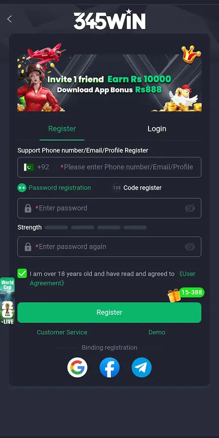 345Win Game registration and login screen showing account creation and user sign-in interface in Android APK version 2026.
