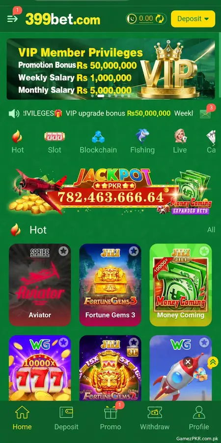 399Bet Game home screen showing the main dashboard and game sections