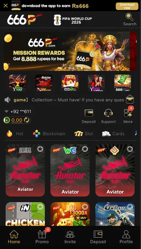666i Game APK main interface displaying the dashboard, game lobby, wallet balance, and navigation menu.