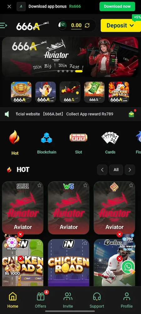 666A APK home screen dashboard showing earning app features in Pakistan