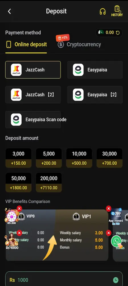 666A deposit method using JazzCash and EasyPaisa wallet