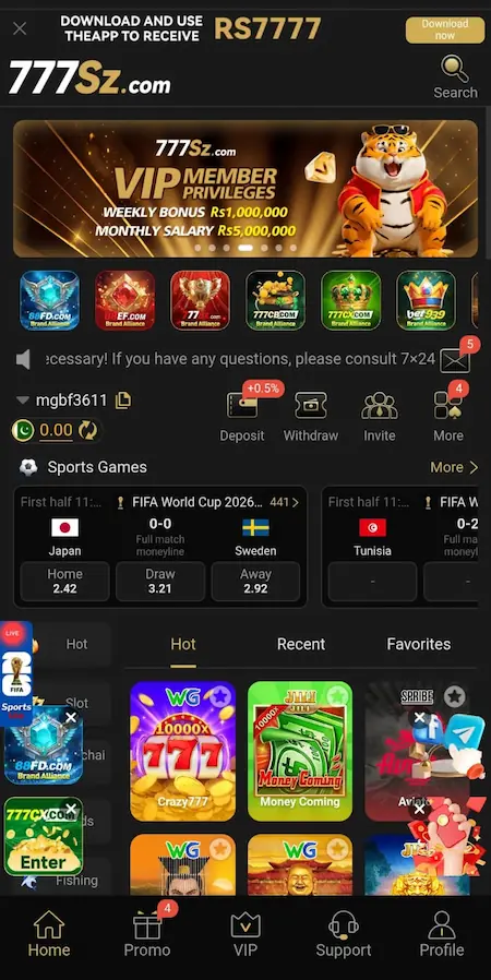 777SZ Game main interface showing the latest Android APK 2026 dashboard with home screen layout, navigation options, and user menu for Pakistan users.