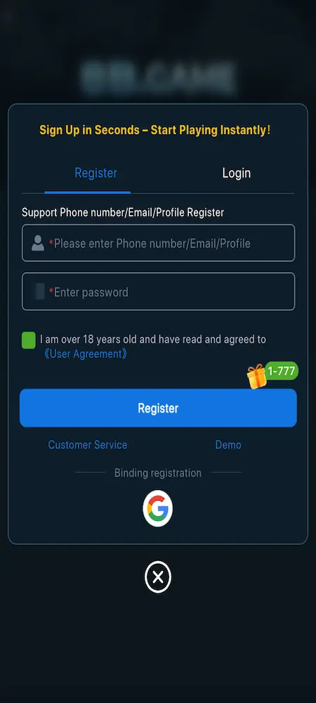 8B Game registration page APK Pakistan