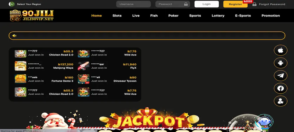 90JILIPK Game APK home screen showing available games and features