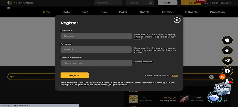 90JILIPK Game APK Pakistan registration page for quick sign-up