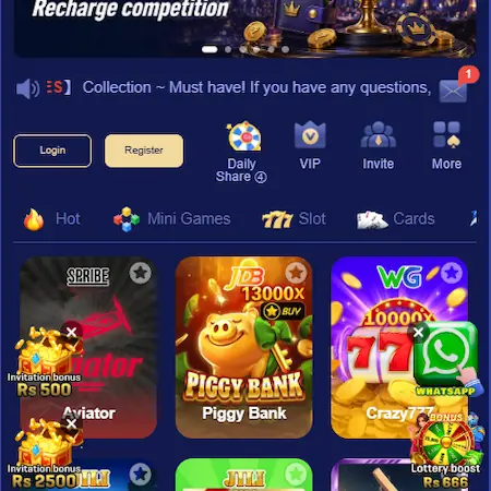 E444 Game user dashboard showing games menu, VIP access, invite bonus Rs 500, and Aviator slot game