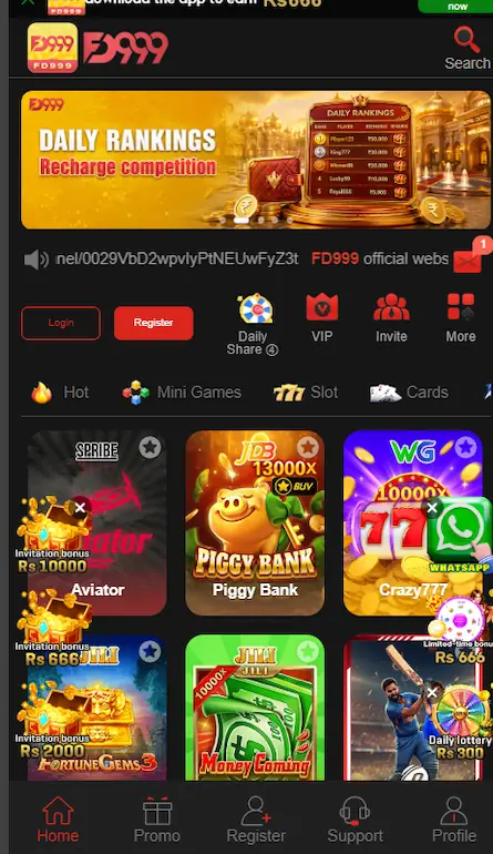 FD999 Game dashboard showing games and account features