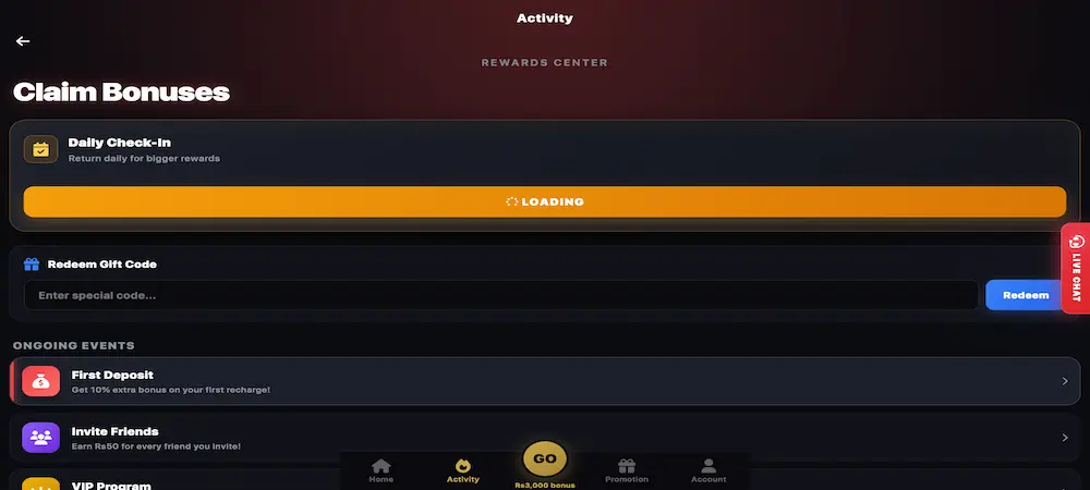 Game 707 APK Claimed Bonuses Screen