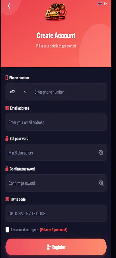 GAME 707 APK Login screen