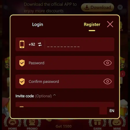 N999 Game registration page with mobile number, password, confirm password, and optional invite code fields.