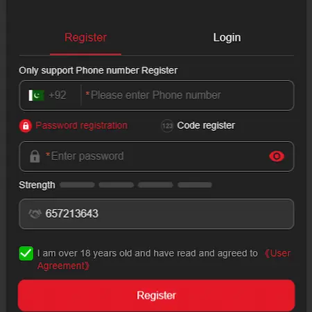 SM999 Game registration page showing the signup form for creating a new player account.
