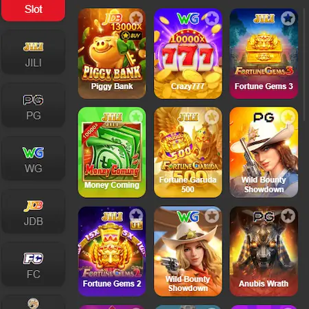 SM999 Game slot page displaying multiple slot games from different gaming providers.