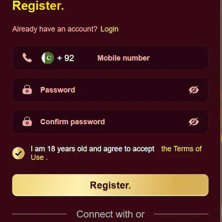 ZOR77 game registration page with mobile number and password fields.