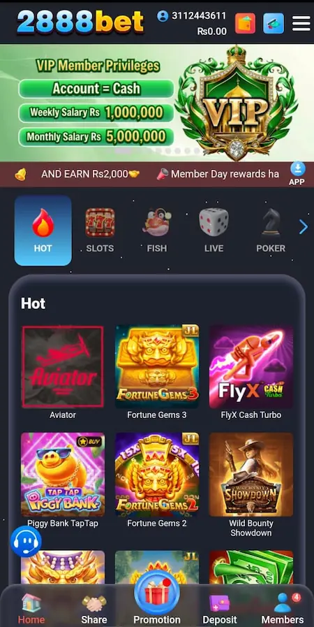 2888 bet game apk 2026 home screen image