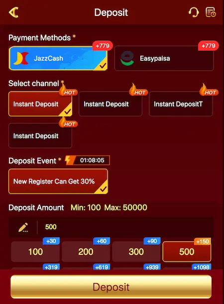 A26 Game Deposit Options 2026 JazzCash Easypaisa Payment Screen