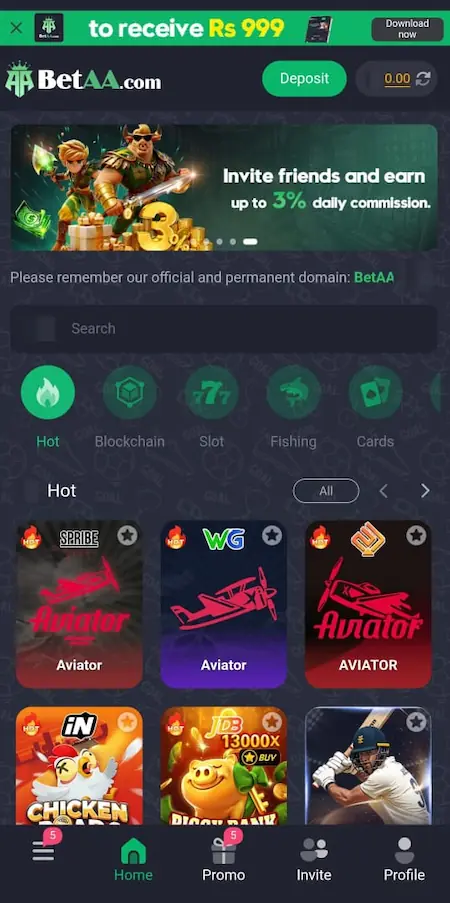 BetAA Game home screen showing account dashboard and menu options