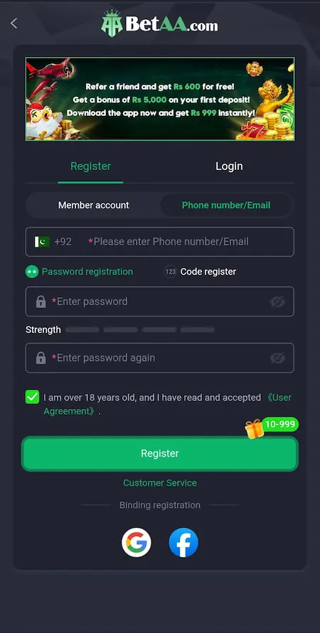 BetAA Game registration and login screen with account access options