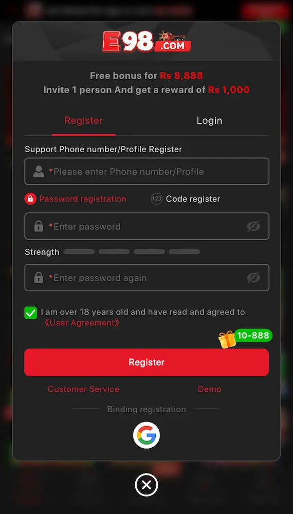 E98 Game registration page with mobile number, password, and referral code fields
