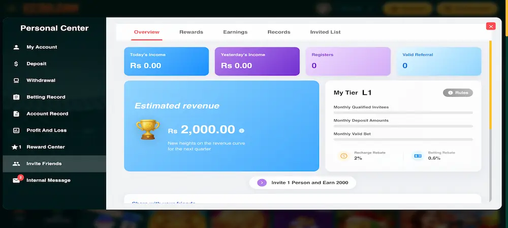 EC99 Game APK invitation referral system screen