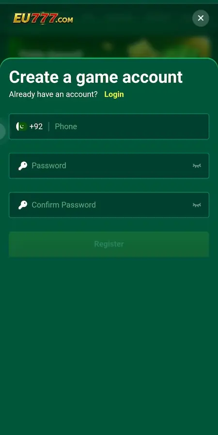 EU777 Game account signup and login screen in the latest Android APK 2026, showing the registration form and secure user login interface.