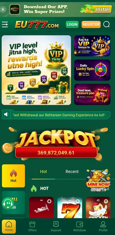 EU777 Game main interface showing the latest Android APK 2026 dashboard with home screen, navigation menu, and user options for Pakistan users.