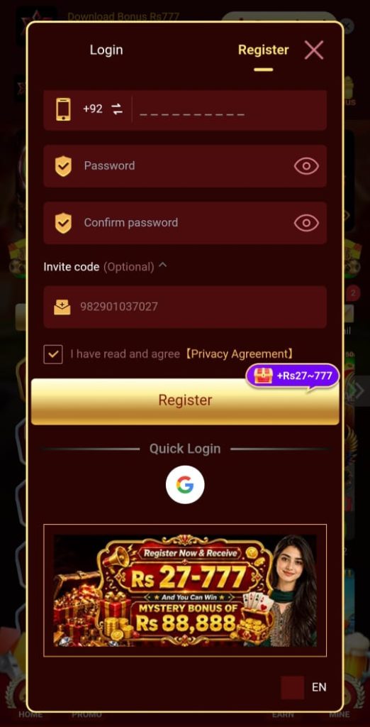 Hermes Game 2026 APK register and login page showing account access interface for Android users in Pakistan.
