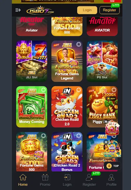 ISB07 Game dashboard showing Aviator, slot games, and arcade game categories