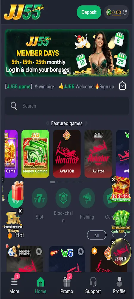 JJ55 Game dashboard after login