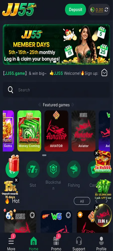 JJ55 Game app home screen interface showing main dashboard and withdrawal option 2026