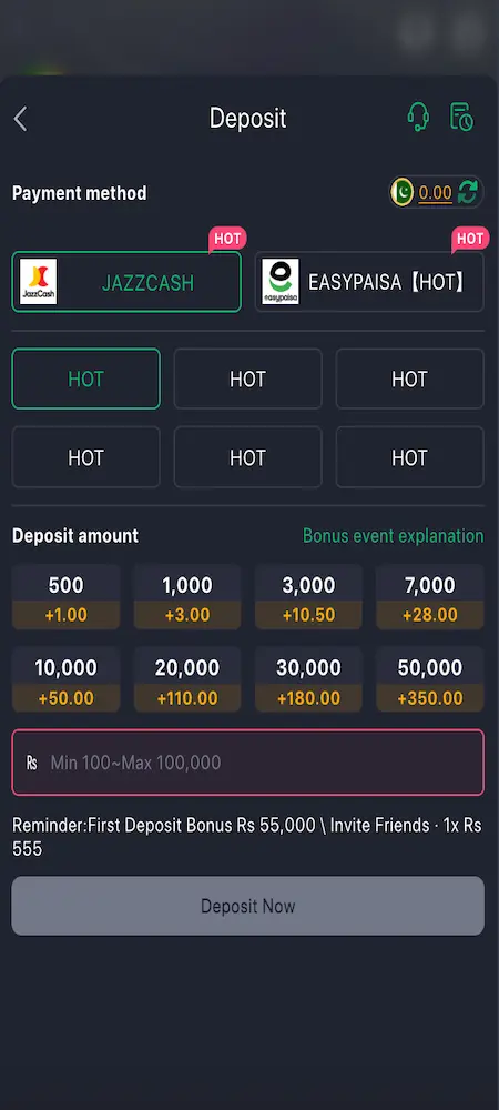 JJ55 Game deposit methods JazzCash Easypaisa bank 2026