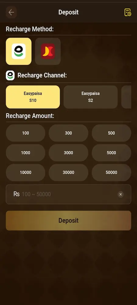 JJRS Game deposit payment methods screen