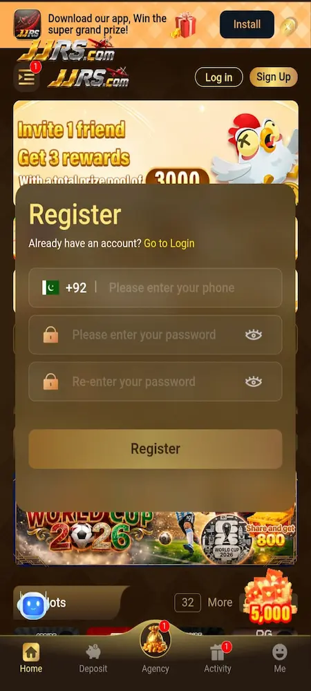 JJRS Game login and registration screen