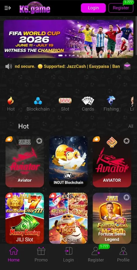 K6 Game 2026 APK home screen showing main dashboard interface and navigation layout for Android users in Pakistan.