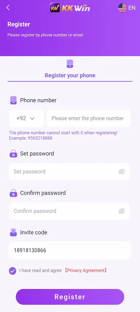 KK Game register and login page