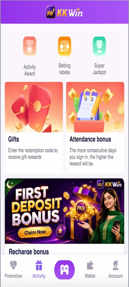 KKWin game daily activity dashboard showing user missions and rewards