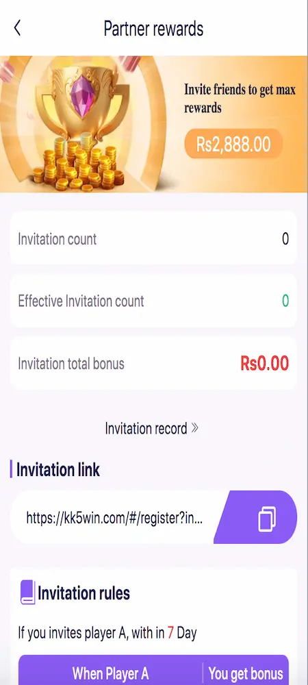KKWin game rewards page showing bonuses and player incentives