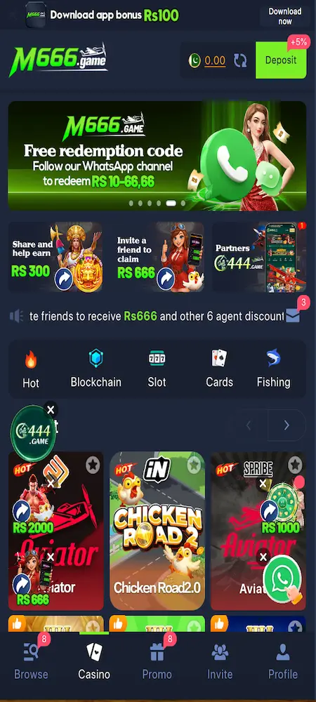 M666 Game home screen interface showing dashboard, navigation menu, rewards section and account features