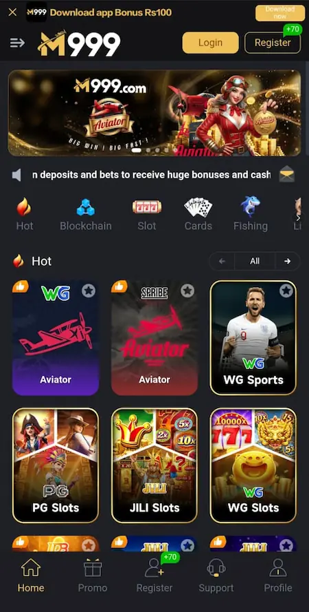M999 Game 2026 home screen dashboard on Android app
