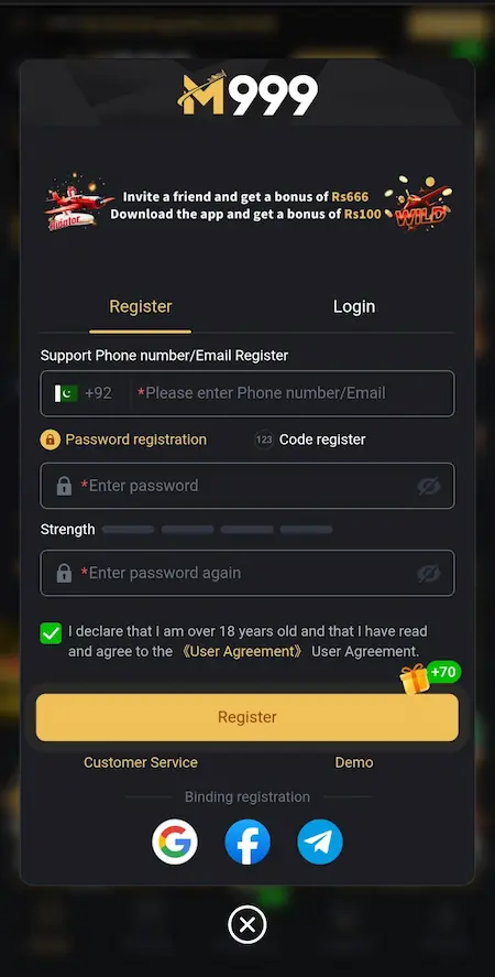 M999 Game login and registration screen interface on Android