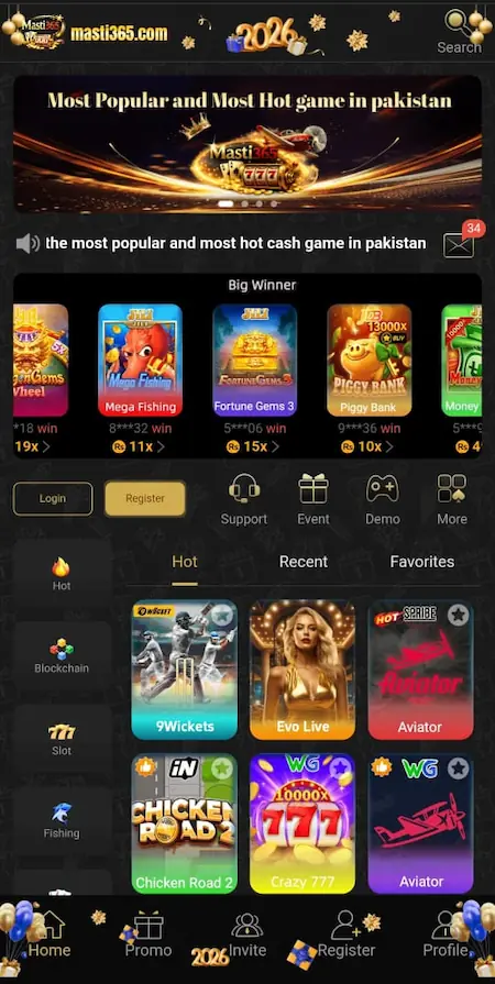 Masti365 Game 2026 APK home screen showing main dashboard layout and navigation options for Android users in Pakistan.