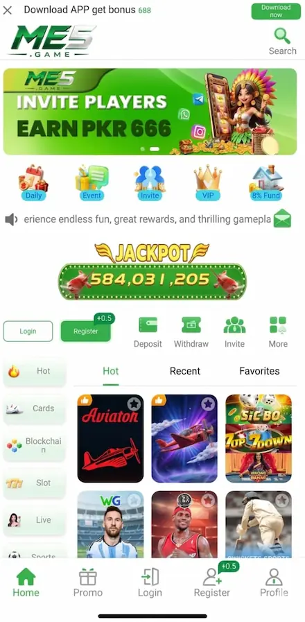 ME5 Game APK home screen interface showing the latest version for Pakistani users