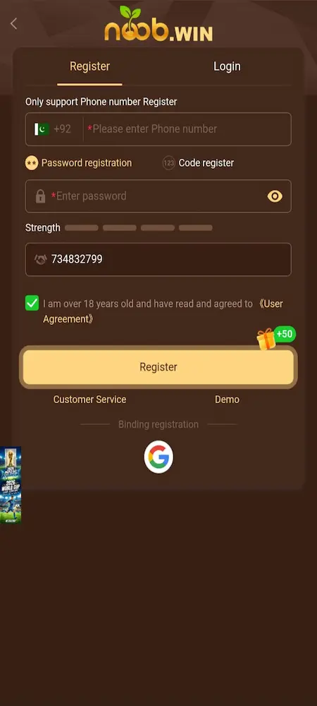 Noobwin Game Register & Login Page