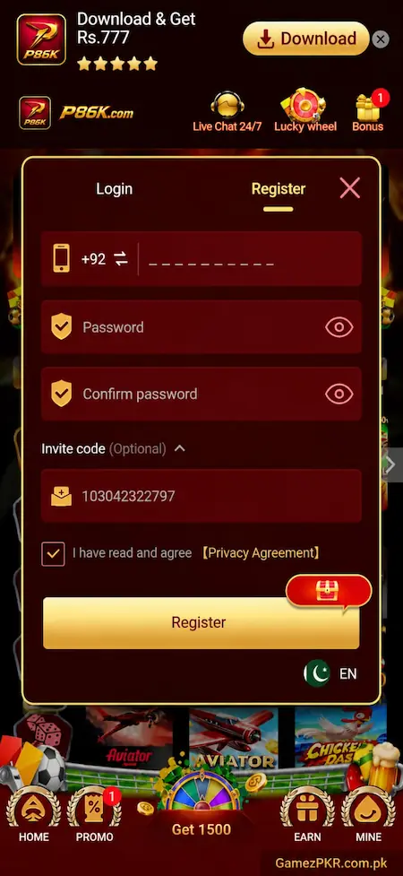 P86K Game registration and login screen for the latest APK