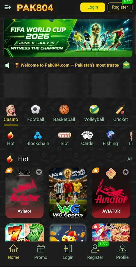 Pak804 Game 2026 APK home screen showing main dashboard interface for Android users in Pakistan latest version.