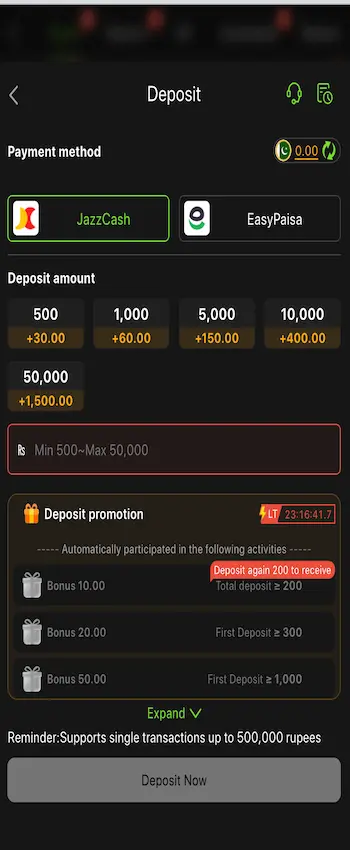 PAK88 Game deposit system showing payment and account funding options