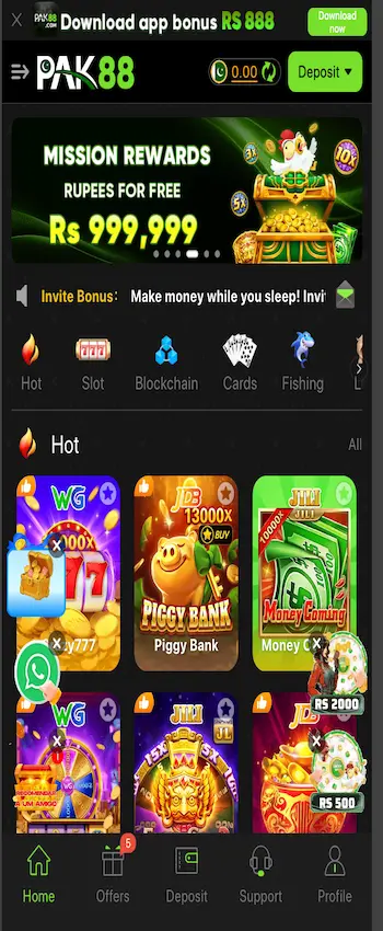 PAK88 Game home screen interface on mobile app